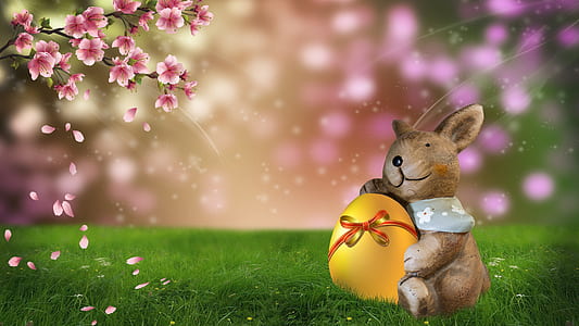 animated brown bunny hugging gold egg while sitting on green grass facing pink flowers wallpaper thumbnail