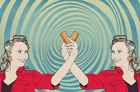 woman in red collared top taking selfie collage illustration thumbnail