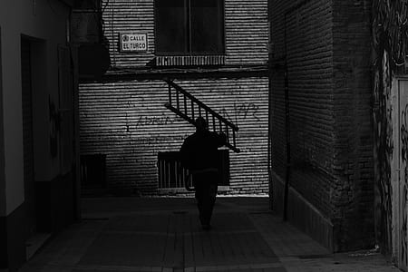 grayscale photo of person carrying ladder walking on street thumbnail