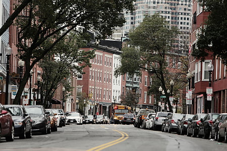 vehicles parked beside buildings at daytime thumbnail