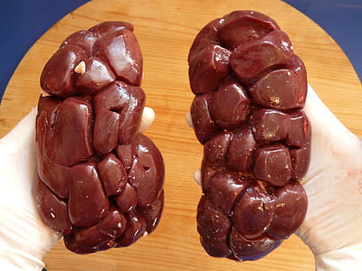 person holding two red meats inside room thumbnail