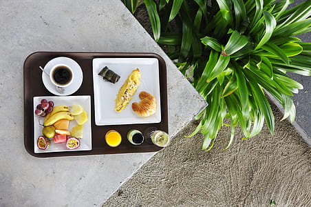 bread and fruit served on plate and tray with coffee thumbnail