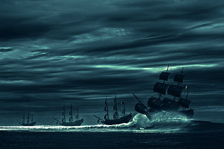 four galleon ships on sea with waves under gray sky thumbnail