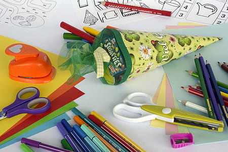 assorted-color pencil beside scissors thumbnail