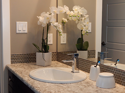 white ceramic sink with stainless steel faucet near white orchids thumbnail