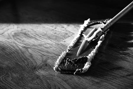 grayscale photo of rectangular mop on wooden floor thumbnail