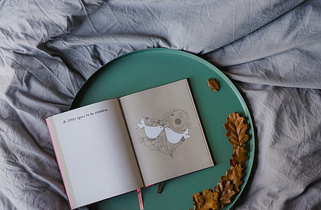 open book on round grey metal tray thumbnail