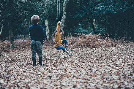 boy standing on brown dry leaves thumbnail