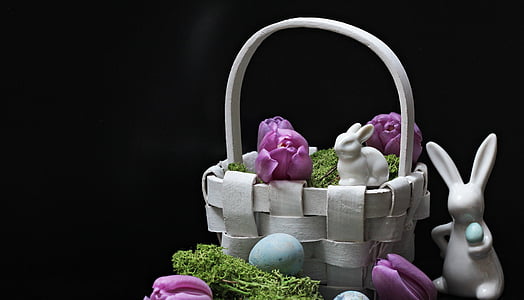 two white ceramic Easter bunnies with white wicker basket thumbnail