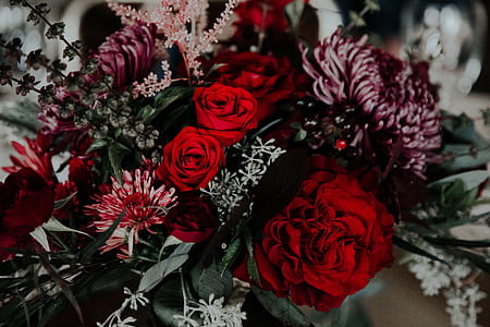 red and pink rose and mums flower bouquet thumbnail