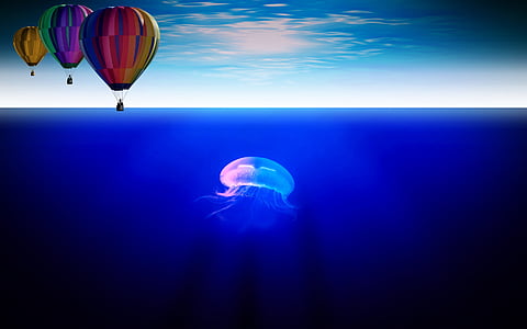 jellyfish in deep blue sea under three hot air balloons digital wallpaper thumbnail