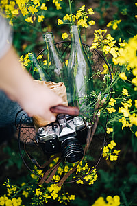 Woman with vintage camera in the field of blooming rapes thumbnail