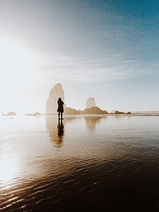 silhouette of person standing on sea at daytime thumbnail