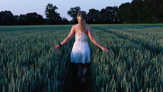 Woman in White Sleeveless Mini Dress Standing Between Grass Field thumbnail