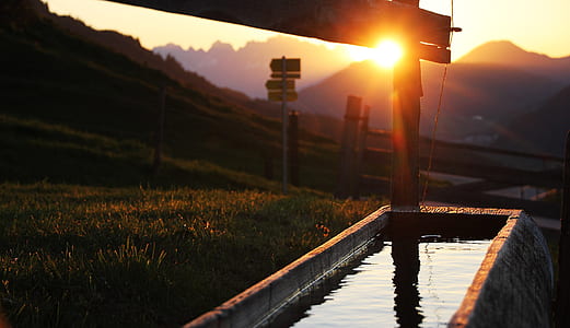dawn, mountains, sunset, water thumbnail