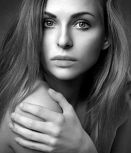close up gray scale photo of a woman thumbnail