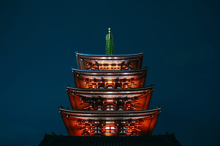 low-angle photography of lighted pagoda at night time \ thumbnail
