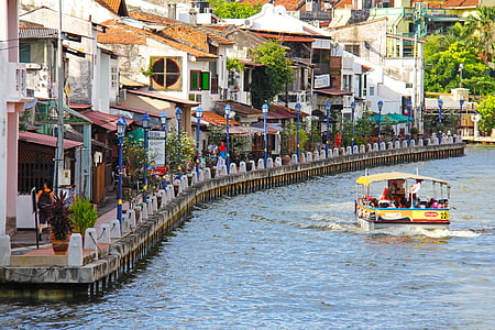 boat on river between houses thumbnail
