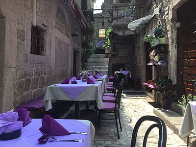 purple-and-white table settings near wall thumbnail