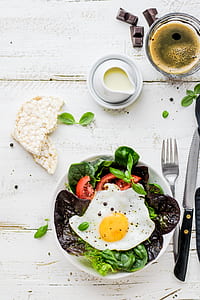 vegetable salad dish with sunny side up egg in flat lay photography thumbnail
