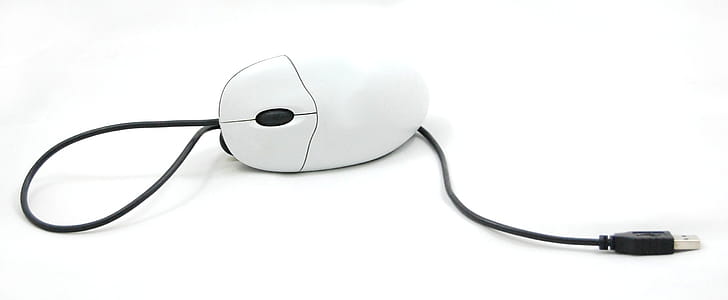 White and Black Corded Computer Mouse on White Background thumbnail