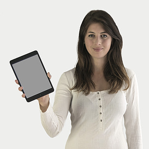 woman wearing Henley long-sleeved top holding black iPad thumbnail
