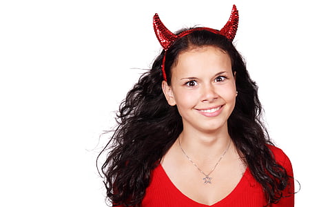 woman wearing red devil Alice band thumbnail