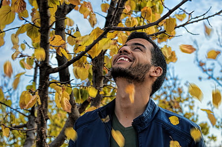 Man With Blue Denim Zip-up Jacket Near Yellow Leaf Tree thumbnail
