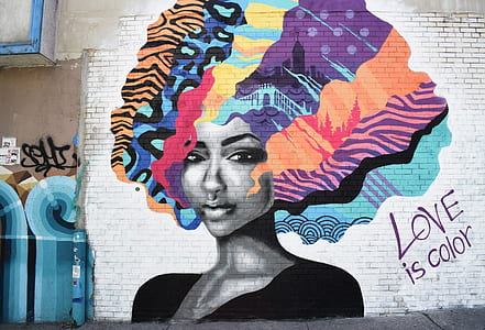 woman wearing black top with love is color print wall graffiti thumbnail