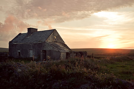 gray and brown house on grass field during golden hour thumbnail