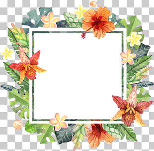 Computer file, Watercolor hand painted summer floral border, green and brown floral border frame PNG clipart