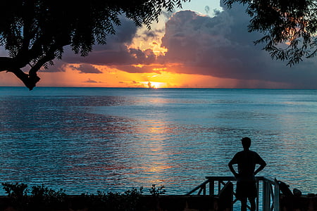silhouette of person facing sea at sunset thumbnail