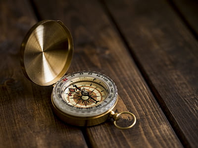 gold-colored compass on brown panel thumbnail
