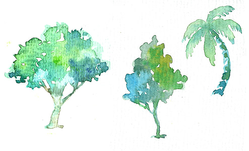 three green sketches of trees and palm tree thumbnail