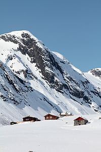 houses beside snow mountain during daytime thumbnail