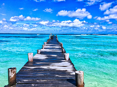 brown wooden dock under blue sky on green water during daytime thumbnail