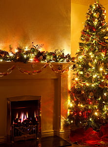 green pre-lit tree near a fireplace thumbnail