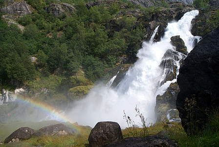 waterfalls with rainbow during daytime thumbnail