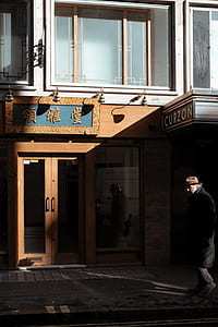 person wearing black trench coat walking near brown painted storefront thumbnail