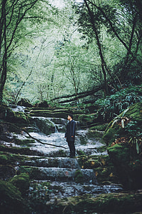 man wearing black raincoat standing on river surrounded by trees during daytime thumbnail