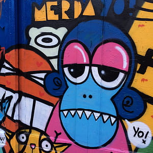 blue, pink, white, and yellow monkey spray art thumbnail