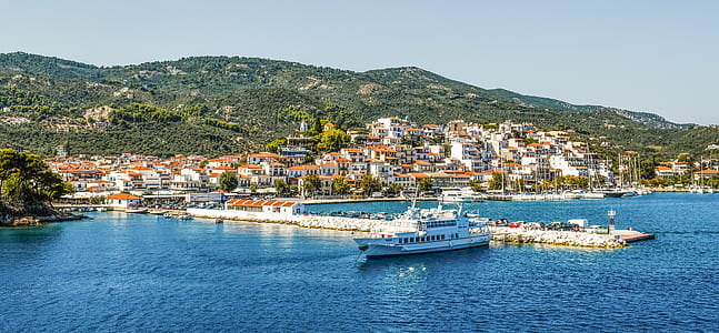 white cruise ship on dock near island at daytime thumbnail