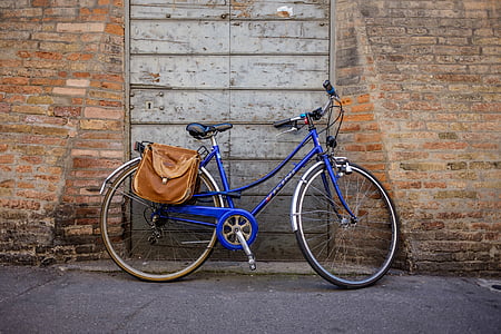 blue and grey bicycle parked infront of door thumbnail