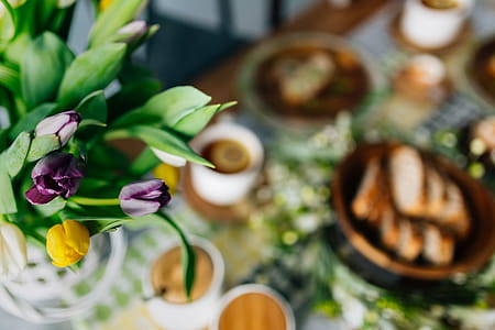 Breakfast served with tea, bread and eggs thumbnail