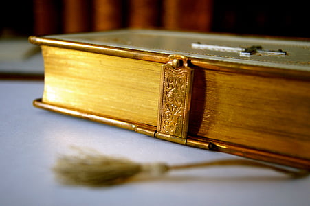 tilt shift lens photography of brown bible book thumbnail