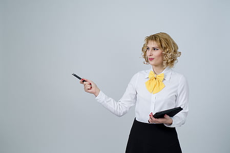 woman in white long-sleeved blouse holding laser pen thumbnail