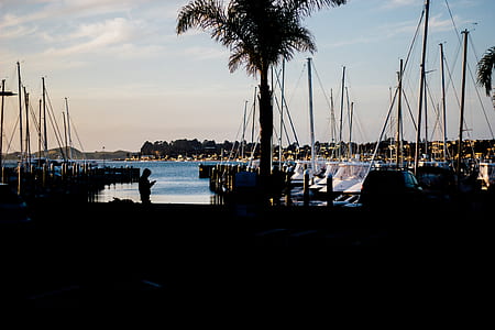silhouette of person near sea and boat at daytime thumbnail