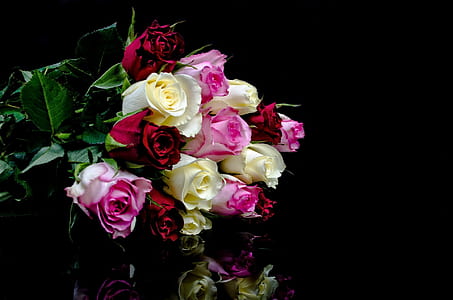 bouquet of yellow, pink, and red roses thumbnail