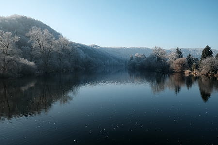 lake surrounded by trees under blue sky thumbnail