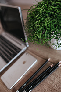 Silver Acer laptop on a wooden desk with a green plant, pencils and an Apple iPhone thumbnail